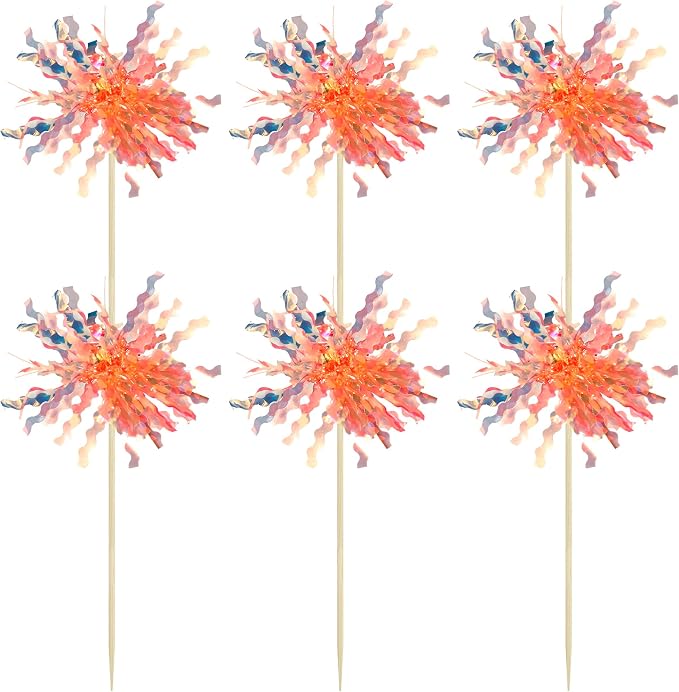 Gyufise 30Pcs Foil Firework Cupcake Toppers Sparkle Tinsel Cake Toppers Tinsel Drink Cake Decoration Cocktail Picks for Birthday Wedding Graduation Party Supplies Orange