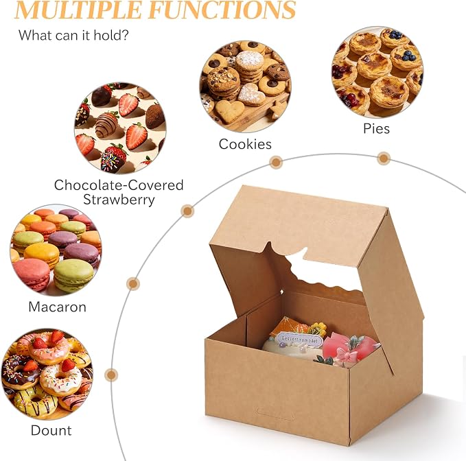 COTOPHER Auto Pop Up Cookie Box with Window 6x6x3 Inches – 50 Pack Brown Bakery Boxes with Ribbon for Birthday Party Favors, Wedding, Christmas Gift Packaging for Cookies, Candy, Macarons
