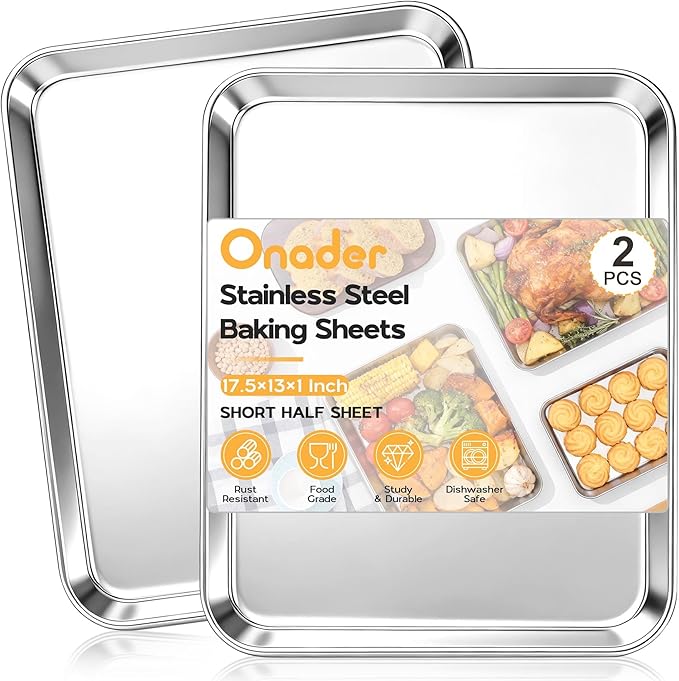 Onader Large Baking Sheet, 18 x 13 Inch Stainless Steel Half Sheet Shallow Baking Pans for Oven, Commercial Metal Cookie Pan Tray for Roasting Cooking, Mirror Finish & Dishwasher Safe, 2-Pack