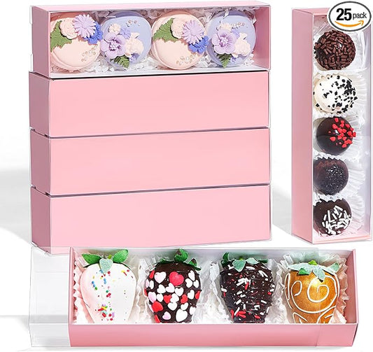 25Pcs 8x2.2x2 Inches Chocolate Covered Strawberry Boxes, Mcaron,Truffle,Chocolate Boxes Empty & Bakery Boxes for Cake,Strawberry,Bonbon,Dessert & Sweet Boxes Party Favors