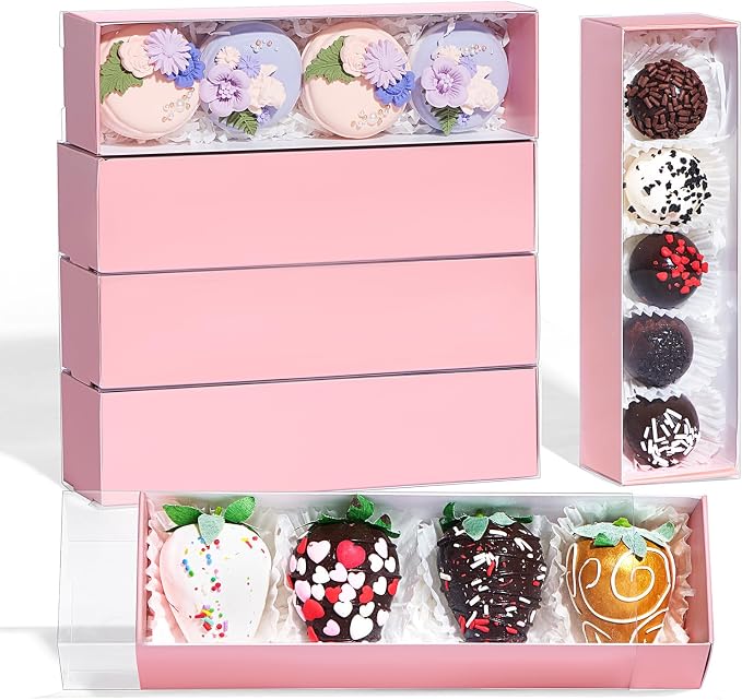 TEMLQPACK Bakery Packaging Supplies: 12Pack Pink Chocolate Covered Strawberry Box for 4, Macaron Boxes, Long Treat Box for Truffles, Cookies, Ores, Chocolate Cocoa Bombs & Cake Ball