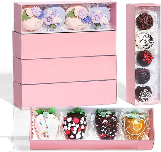 TEMLQPACK Bakery Packaging Supplies: 12Pack Pink Chocolate Covered Strawberry Box for 4, Macaron Boxes, Long Treat Box for Truffles, Cookies, Ores, Chocolate Cocoa Bombs & Cake Ball