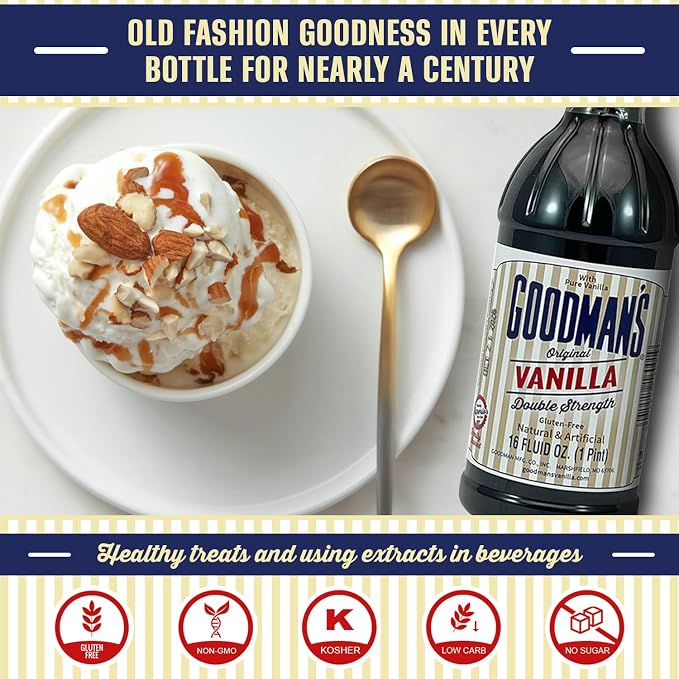 Goodman's Original Vanilla Double Strength - Gluten-Free, Non-GMO, Kosher, Low Carb & Low Calorie, a Blend of Artificial flavors with Pure Vanilla - No Animal Products, No Sugar (16oz Bottle)