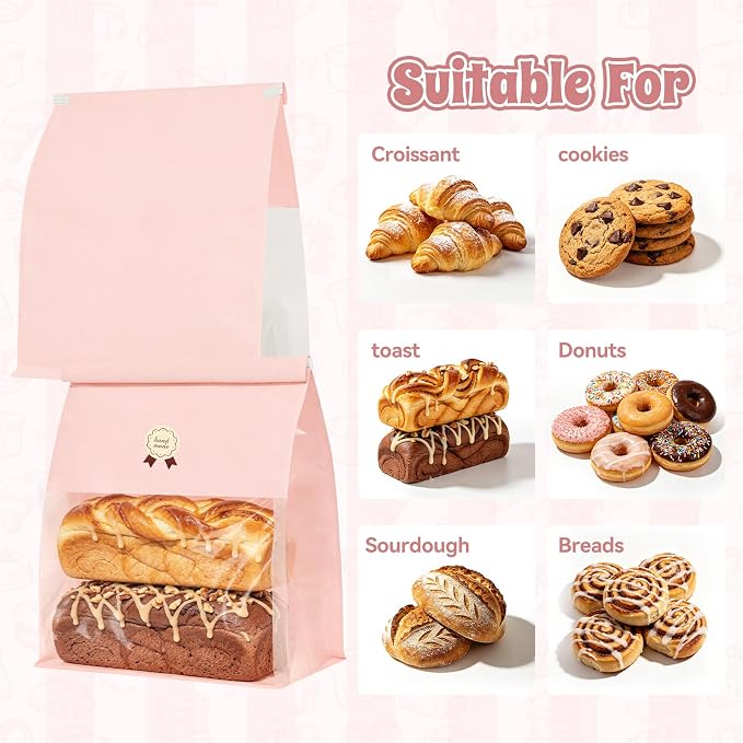 "Funcoo Paper Bread Bags with Tabs for Homemade Sourdough Bread, Pink Bakery Bread Bags with Window/Tin Tie Tab Lock, Large Bakery Loaf Bag for Baked Goods Packaging" (50, X-Large)