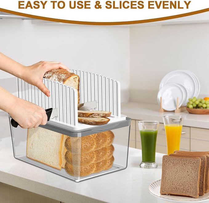 Kiss Core Upgrade Bread Slicer for Homemade Bread with Bread Box, Bread Slicing Guide Adjustable Width, Foldable and Compact Cutting Guide with Crumb Tray, Suitability for Homemade Bread, Bagels,Cakes
