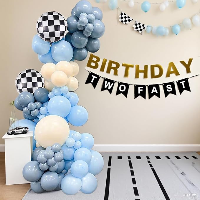 Race Car Balloons Garland Arch Kit,100PCS Macaron Blue Smoke Blue Balloon Arch Kit with Checkered Foil Balloon for Car Fast Birthday Celebration Party Festival Day Decorations