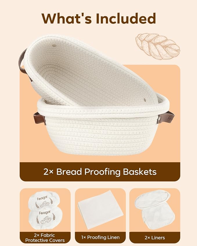 Feagar Bread Proofing Basket Set: XL 11.5” Banneton Holds 1000g Dough, Includes Multi-Purpose Proofing Cloth for Baguettes, Round Loaf & Sourdough Bread Baking Supplies | 2-Pack with Liners & Covers