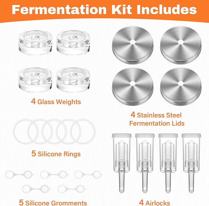 Xileanalee Fermentation Kit Set for Wide Mouth Mason Jar,Sauerkraut/Pickling Kit with 4 Glass Fermentation Weights,4 Fermenting Lids,4 Airlocks,5 Silicone Gaskets,5 Silicone Grommets(No Jars)