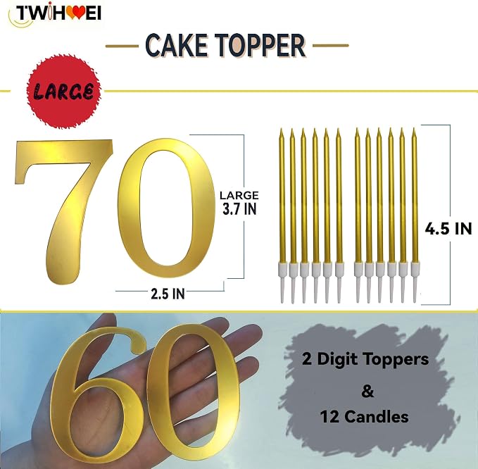 3.7IN Gold Acrylic Number 1-10 Cake Topper with 12 Gold Long Candles - Perfect for Birthday Party Supplies, Ideal for Cake Decoration (Number 70, Gold)
