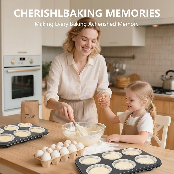 Jumbo Muffin Pan 6 Cup Cupcake Tin Nonstick, 2PCS Durable Large Baking Pan for Big Muffins & Cupcakes, Easy Clean Carbon Steel Giant Muffin Tin for Oven Use, Parties