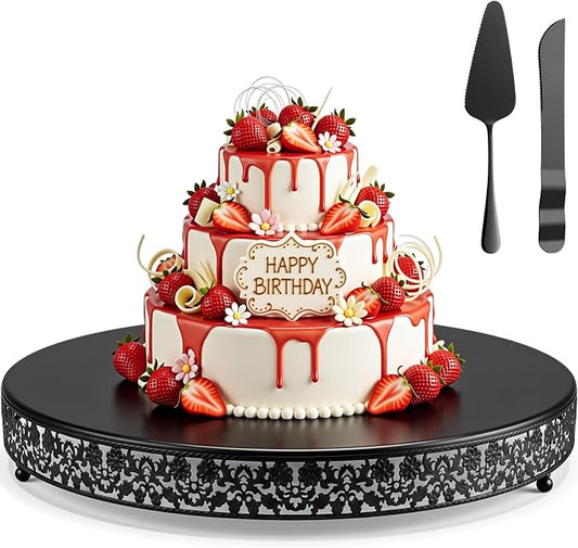 Wenqik 20 Inch Black Cake Stand Set Metal Round Cupcake Dessert Stand with Cake Cutting, Flower Spatula Wedding Cupcake Pastry Display Candy Holder Display for Wedding Party Birthday Baby Shower