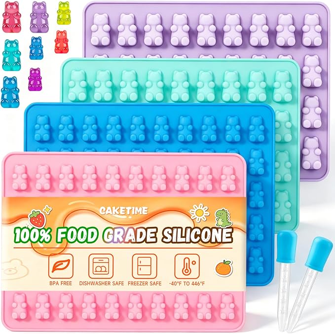 CAKETIME Gummy Bear Mold Silicone, Bear Snack Molds Gummies Trays Molds with Dropper for Candy Chocolate, 4Pcs Medium & Mini