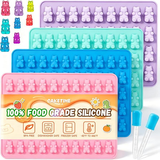CAKETIME Gummy Bear Mold Silicone, Bear Snack Molds Gummies Trays Molds with Dropper for Candy Chocolate, 4Pcs Medium & Mini