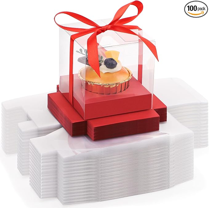 EUSOAR Cupcake Boxes, 3.5 Inch 100 Packs Muffins Gift Wrappers individual Cupcake Containers with Ribbon, Clear Dessert Pastry Holder Disposable Cookies Carrier for Wedding Party Favor Bakery-Red
