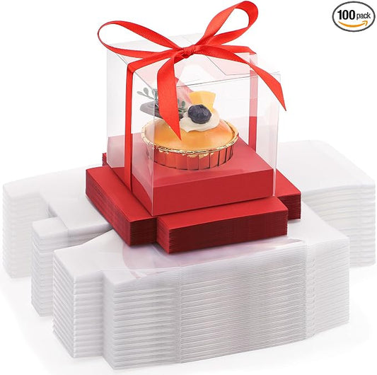 EUSOAR Cupcake Boxes, 3.5 Inch 100 Packs Muffins Gift Wrappers individual Cupcake Containers with Ribbon, Clear Dessert Pastry Holder Disposable Cookies Carrier for Wedding Party Favor Bakery-Red