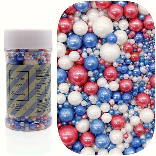 Dynastang Mixed Size Patriotic Pearls Sprinkles Edible Pearls Cake Decorating Pearls Cake Decorations Cupcake Toppers Cookie Decorating Perfect for Cakes, Cupcakes, Desserts Toppings 3OZ