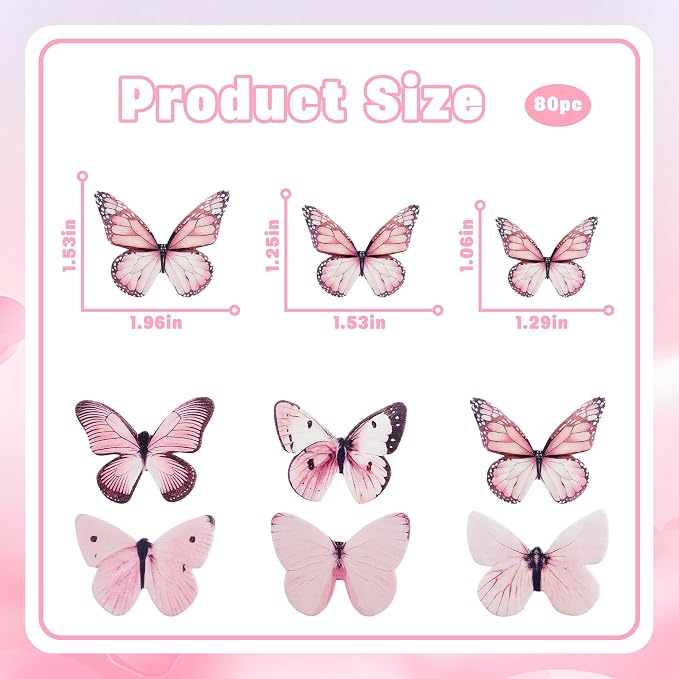 80Pcs Pink Edible Butterfly Cake Decorations Wafer Paper Butterfly Cupcake Toppers Butterflies Cupcake Toppers for Wedding Birthday Anniversary Flower Themed Party Supplies