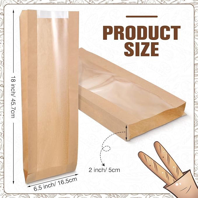 Thenshop 100 Pieces Paper Bread Bag with Window for Homemade Bread Bags Bags Brown Kraft Loaf Storage Sacks Long French Biscuits Packaging (6.5 x 2 x 18 Inch)