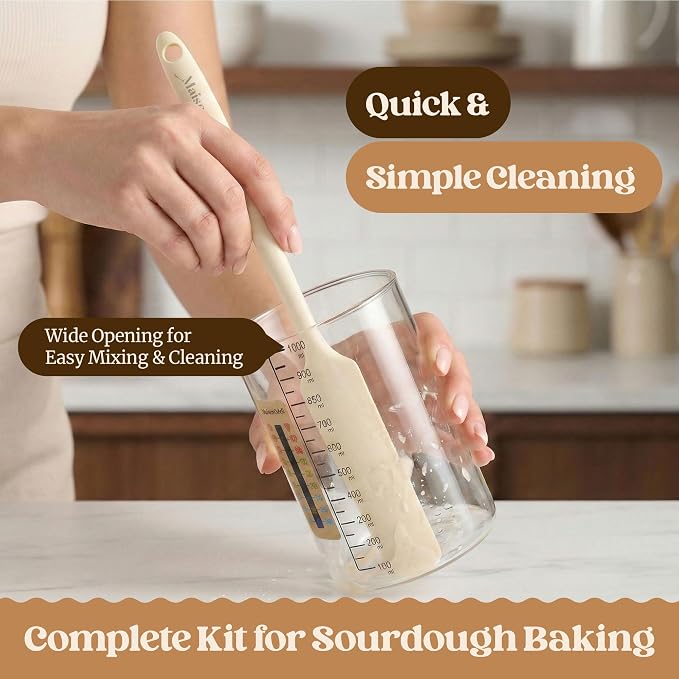 Sourdough Starter Kit – 2 Fermentation Glass Jars with Lids, Linen Covers, Spatula and Thermometer