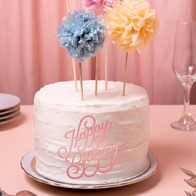 6 PCS Happy Birthday Side Cake Toppers Pink Mirror Side Cake Toppers DIY Acrylic Glitter Cake Inserts Celebration Birthday Party Event Cupcake Decorations (Rose Gold)