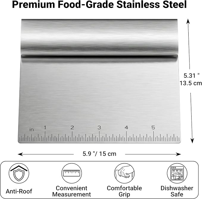 Bench Scraper Kitchen & Dough Scraper Tool - Stainless Steel Multi-Purpose Scraper & Chopper with Laser-Etched Metric Scale - Heavy Duty Pastry Cutter & Griddle Tool for Bread, Pizza & Baking