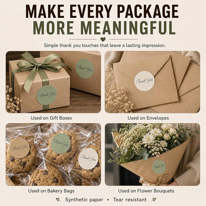 Sage Green Thank You Stickers Roll for Small Business - 500 Pcs 1.5 Inch Round Thank You Labels for Packaging, Boho Green Envelope Seals for Baby Shower, Wedding Favors, Eucalyptus & Botanical Gifts