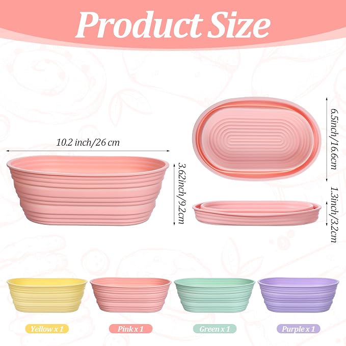 4 Pcs Silicone Bread Proofing Baskets, 10 Inch Foldable Oval Banneton Basket Sourdough Bread Baking Supplies Dough Proofing Bowl for Making Breads (4 Colors)