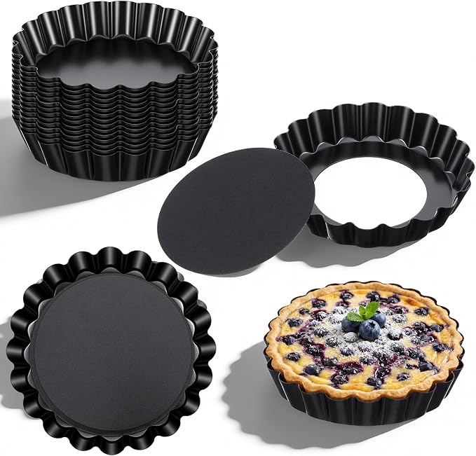 16 Pcs Mini Tart Pans with Removable Bottom, 4 Inch Nonstick Carbon Steel Round Quiche Pie Pans, Reusable Bakeware Mold for Desserts Tarts Pies and Cupcakes, Black