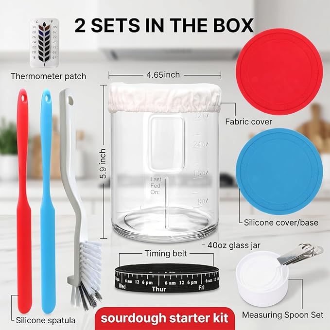 2Pack Sourdough Starter Jar - 40oz Large Sourdough Jar with Marked Feeding Band,Temperature Patch,Scraper, Cloth Cover and Silicone Lid&Base,Measuring Spoon Set,Cleaning brush-RED&BLUE