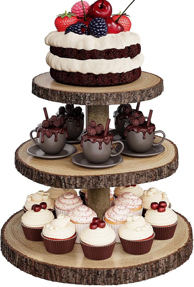 SANYOUNG Wood Cupcake Stand, 3 Tier Wooden Cupcake Tower, Large Rustic Cake Display Holder Stand for Woodland Baby Shower, Wedding, Birthday, Tea Party, Farmhouse Dessert Table Decorations