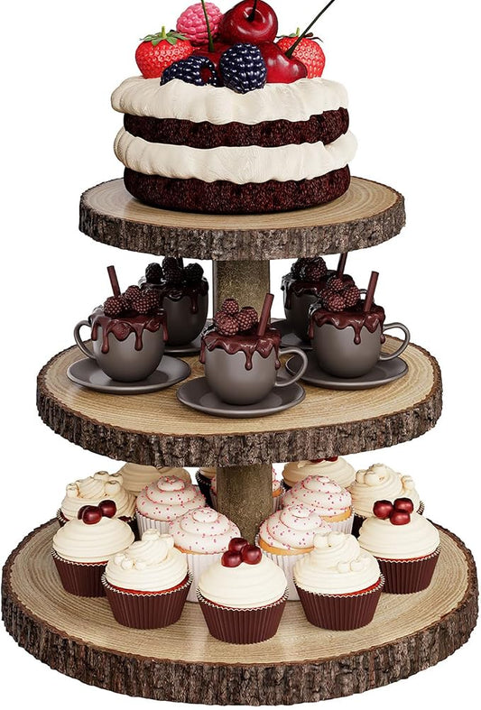 SANYOUNG Wood Cupcake Stand, 3 Tier Wooden Cupcake Tower, Large Rustic Cake Display Holder Stand for Woodland Baby Shower, Wedding, Birthday, Tea Party, Farmhouse Dessert Table Decorations