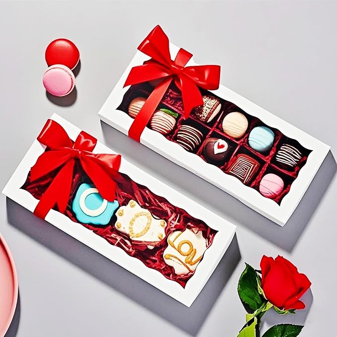 50PCS 12x5x1.5 Inch Cookie Boxes with Window Chocolate Truffle Brownie Packing Bakery Pastry Gift Boxes for Soap,Dount,Browine Cake,Treat Boxes for Party Favors Christmas