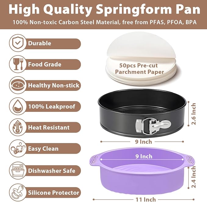 Springform Pan 9 Inch Nonstick Cheesecake Pan with Protector, Leakproof Spring Form Pan for Cheesecake, Round Cheese Cake Pans for Baking, 9 Inch Springform Cake Pan with 50Pcs Parchment Paper