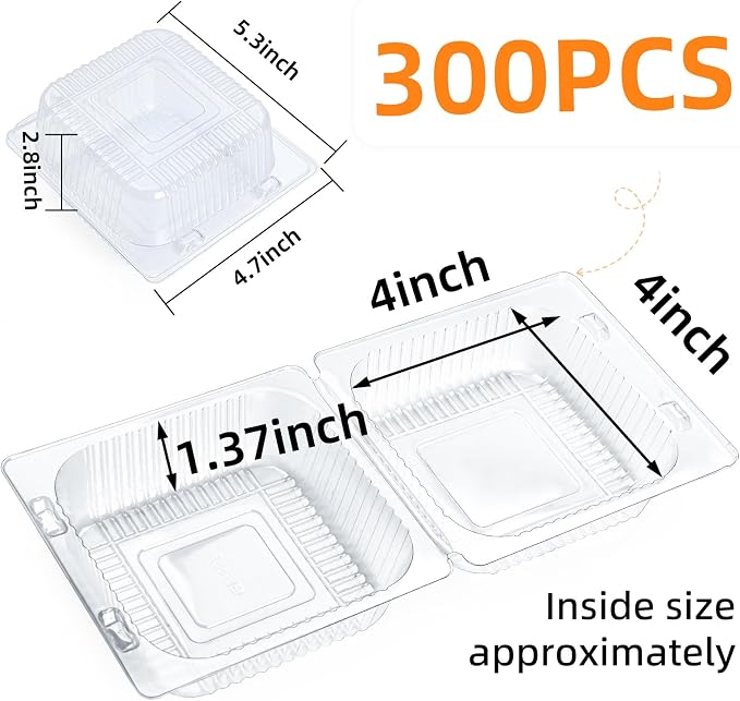 Evnlo 300 Count Clear Plastic Containers with Lids for Food, Thickened Disposable Sandwich Containers Clamshell Boxes for Cake Slice, Dessert, Hamburger, Salad, Pastry, Fruits, Takeout Tray
