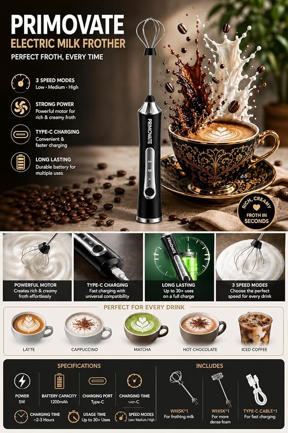 Rechargeable Milk Frother Handheld, Electric Coffee Frother with 2 Whisk, 3-Speed Powerful Drink Mixer, USB-C, Milk Foamer for Coffee,Latte,Cappuccino,Matcha & HotChocolate(Black no Stand)