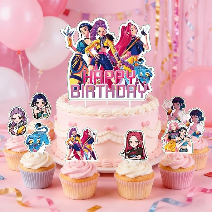 25 Pcs Demon Movie Hunters Cake Decorations, Include 1 Happy Birthday Cake Toppers, 24 cupcake Topper for Demon Movie Hunters Birthday Decorations