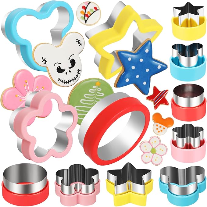 12 PCS Cookie Cutter Set, Stainless Steel with Safety Grip, Round Star Flower Cartoon Mouse Shapes in 3 Sizes, for DIY Baking, Holiday Party, Cake Decor, Sandwich and Fruit Cutter