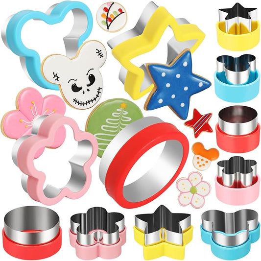 12 PCS Cookie Cutter Set, Stainless Steel with Safety Grip, Round Star Flower Cartoon Mouse Shapes in 3 Sizes, for DIY Baking, Holiday Party, Cake Decor, Sandwich and Fruit Cutter