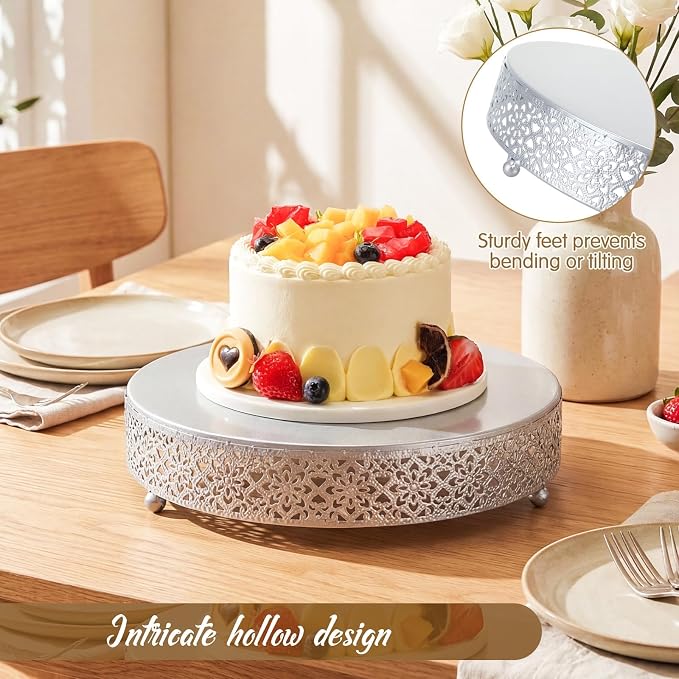 Wenqik Cake Stand 12 Inch Round Metal Cupcake Dessert Wedding Cake Stand Cookies Display Holder Fruit Serving Tray for Table Wedding Birthday Anniversary Party, Silver