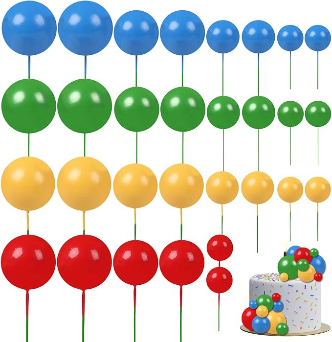 30 PCS Balls Cake Topper DIY Cake Insert Toppers Ball Cake Picks Cupcake Topper for Birthday Party Baby Shower Wedding Cake Decoration(Red Yellow Blue Green)