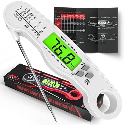 AWLKIM Digital Meat Thermometer, Instant Read Thermometer, White | Food thermometer for grill, BBQ, candy, oil and baking; backlit display, foldable probe and magnetic storage.