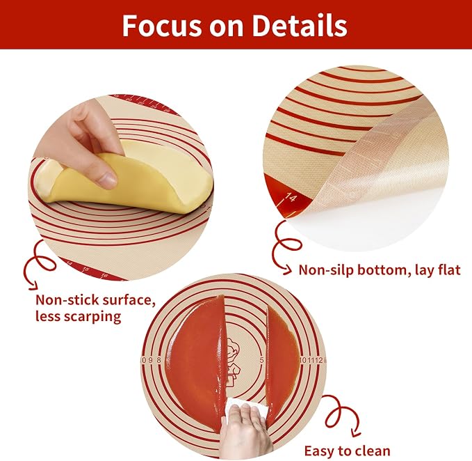 Non Stick Silicone Pastry Mat, Dough Mat for Rolling, Food-grade Reusable Baking Mat Fondant Mat Nonslip Kitchen Mat for Counter Oven Mat for Making Cookies Macarons Bread Pizza