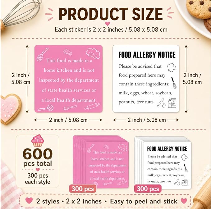 600 Pcs 2 Inch Cottage Food Law Labels Stickers Allergen Warning Stickers - Pink Baked with Love Made in a Home Kitchen Inspection Statement Decals for Homemade Bakery Baked Food Canning Packaging