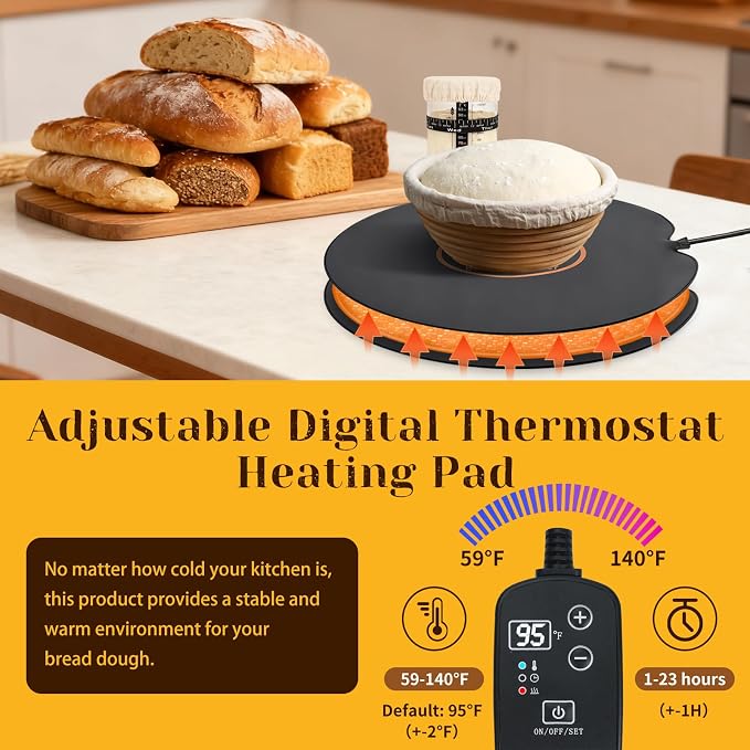 Sourdough Bread Heating Mad, 59°F - 140°F Adjustable Thermostat Bread Proofing Mat, Dough Riser Heating Mat Shortens Fermentation Time, for Bread making - 14" Round Sourdough Bread Warming Mad