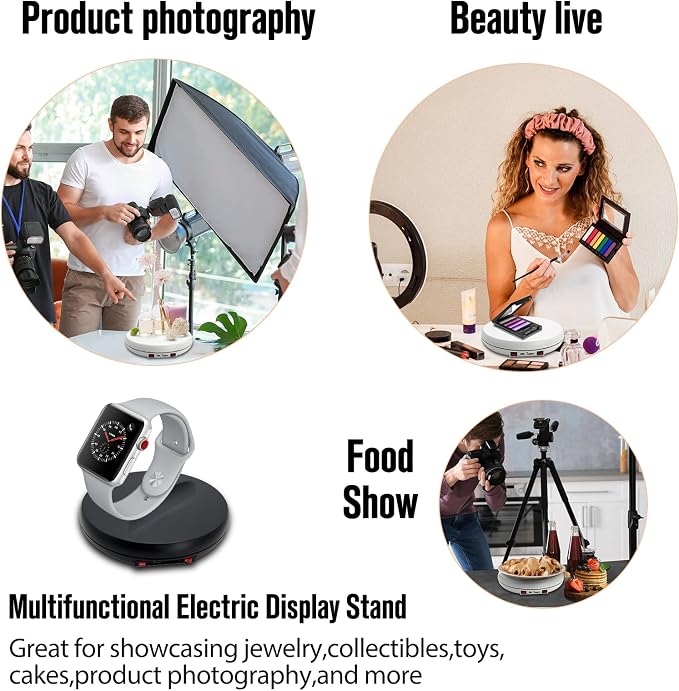 JAYEGT Motorized Rotating Display Stand with LED Light , 10 inch /55lbs Load, 360° Electronic Turntable Display Stand for Photography Products Shows, Jewelry, Watch (Whtie / White Light / Rechargeable)