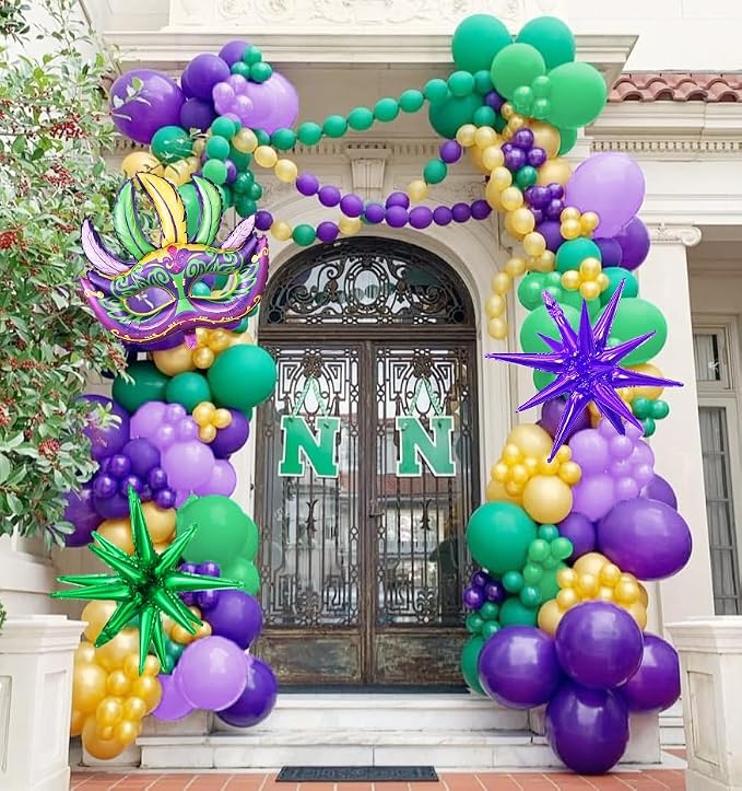 Mardi Gras Purple Green Yellow Gold Balloon Garland Arch Kit 156Pcs with Large Mardi Mask Explosion Star Foil Balloons for Carnival Birthday Masquerade Party Decorations Fat Tuesday Party Supplies