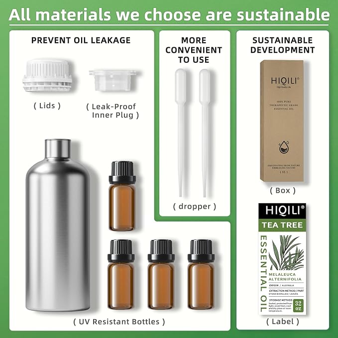 HIQILI Tea Tree Oil for Skin, Hair, Nail, Diffuser, Soap Making | Includes Four Portable Decanters - 1000mL / 32 fl.oz