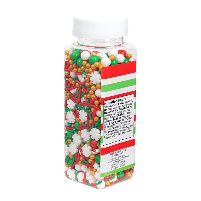 Red, White, Gold and Green Pearls and Snowflakes Sprinkles Mix 4.4 oz, Christmas Sprinkles For Cake Decorating, Baking, Ice Cream & More, The Hampton Candy Company