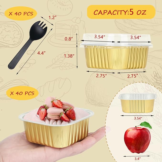 LNYZQUS Disposable Ramekins With Lids 40 Pack, 5oz Aluminum Foil Mini Cupcake Muffin Pan,Square Mini Cake Pan Brownie Baking Cups Muffin Tin Dessert Cups For Wedding Party-Gold