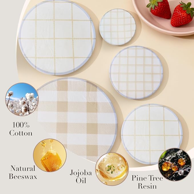 Tirphy 5-Size Reusable Bowl Covers for Bread Proofing - Beeswax Bowl Covers Reusable 4/6/8/10/12 Inch - Elastic Cotton Cloth Sourdough Cover - Shower Caps for Sourdough Bread (Simple style)